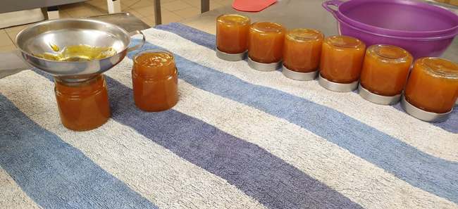 Mise en pot de la confiture au miel terminée